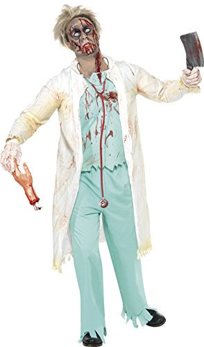 Smiffys Zombie Doctor Costume, Green with Jacket, Attached Top, Trousers & Gloves, Halloween Zombie Alley Fancy Dress, Zombie Dress Up Costumes