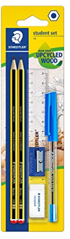 STAEDTLER Studenten Set mit 2 x Noris 120 Bleistifte Made from Upcycled Wood in Härtegrad HB, 1 x Kugelschreiber Stick blau, 1 x Lineal 15 cm, 1 x Radierer und 1 x Spitzer, 120SET BKD