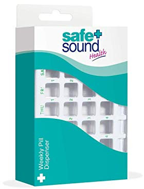 Safe & Sound Weekly Pill Organiser with 28 Compartments, 4 Compartments Per Day Each with Single Slide-out Lid