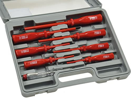 Elektro Schraubendreher-Satz 8-teilig 4x Schlitz 3x Kreuz + 1x Phasenprüfer Isolierter Schaft Spannungsfest bis 1000V mit Transportkoffer