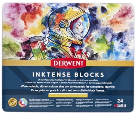 Derwent Inktense - Set de 24 Craies Aquarellables 8 mm, pour Dessin / Coloriage / Peinture sur Papier & Tissu, Qualité Professionnelle (2300443)
