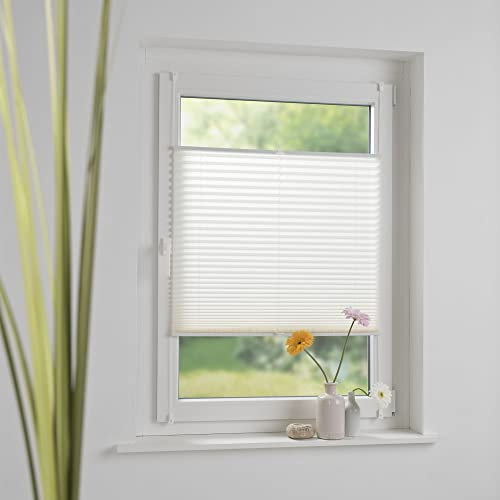 Liedeco® Plissee verspannt mit Klemmträger / 80 x 130 cm weiß (Breite x Höhe) / lichtdurchlässig Blickdicht und stufenlos verstellbar/leichte Innen-Montage ohne Bohren / 123 montiert