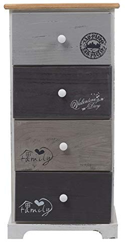 Rebecca Mobili Schubladenschrank 4 Schubladen, Hochkommode Vintage, für Schlafzimmer Badezimmer, Paulownienholz, Weiß Grau – Maße: 75 x 35 x 29 cm (HxLxB) - Art. RE4333