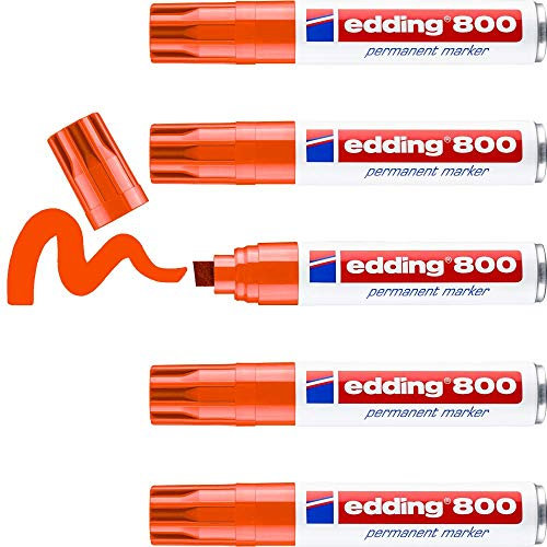 edding 800 Permanentmarker - orange - 5 Stifte - Keil-Spitze 4-12 mm - für breite Markierungen - wasserfest, schnell-trocknend, wischfest - für Karton, Kunststoff, Holz, Metall, Glas