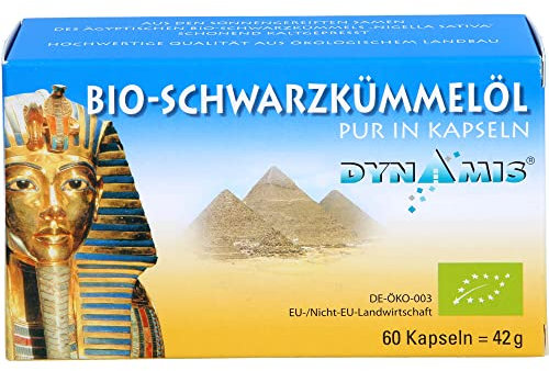 BIO-Schwarzkümmelöl Kapseln PUR von DYNAMIS 60 Stück – 100 % ägyptische BIO-Schwarzkümmelsaat, kaltgepresst – kontrolliert biologisch – in Deutschland frisch gepresst & einzeln eingesiegelt.