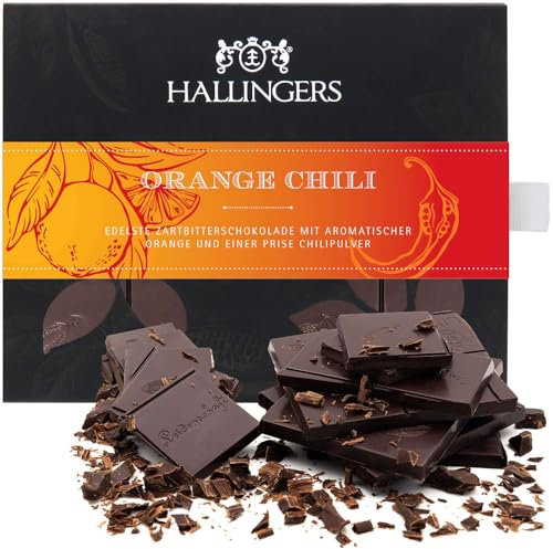 Hallingers Vegane Schokolade Zartbitter-Edelkakao Orange & Chili - handgemacht, alkoholfrei - Made in Germany