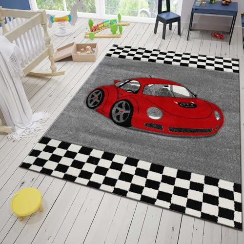 VIMODA Kinderteppich Auto Car Rennwagen Kinderzimmer Spielzimmer Grau Schwarz Rot, Maße:80 x 150 cm