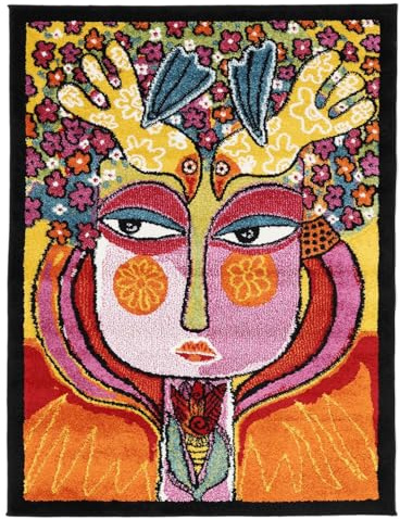 RugVista She Has Flowers in her Hair, Teppich, Moderne Unsere Designer, 100 x 130 cm, Rechteckig, Niedriger Stapel, Nur chemische Reinigung, Multi/Orange