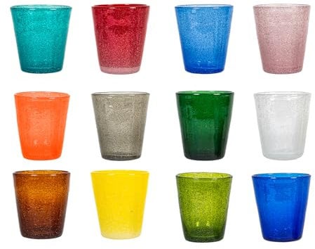 H&H Giada Set 12 Bicchieri Acqua in Vetro Colorato – Multicolore, 280 ml – Bicchieri Irregolari con Microbollicine, Robusti e Lavabili in Lavastoviglie – Segnaposto Originali
