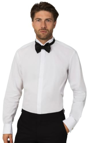 Dobell Mens White Dress Shirt Slim Fit 100% Cotton Wing Collar Plain Fly Front Double Cuff