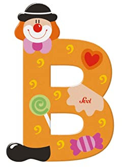Sevi 81738 Holzbuchstabe B Clown ca. 10 cm, Türbuchstaben für Kinderzimmer, ABC Lernspielzeug aus Holz, pädagogisches Spielzeug für Kinder ab 3 Jahren, Buchstabe Clowns Sortiert, Orange / Grün, Mehrfarbig, ca. 10 x 7,5 cm