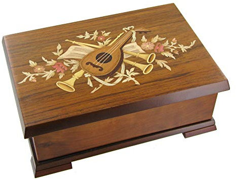 Musical jewellery box / music box for jewels made of solid wood with musical instruments inlay, dancing ballerina, mirror and 18-note wind up musical mechanism - Emperor's waltz (Johann Strauss)