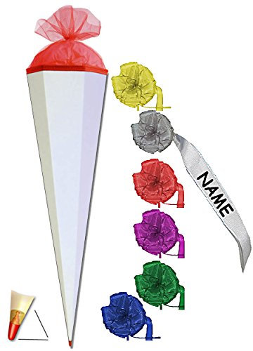Schultüte - Rohling - Weiß/Rot - 85 cm - incl. individueller Schleife - mit Holzspitze/Filzabschluß - Zuckertüte Roth - zum Basteln, Bemalen und Bekleben ..