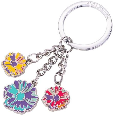TROIKA Schlüsselanhänger ANDY WARHOL – 3 Charms „FLOWER“ – Metall glänzend, farbig emailliert – Kunst Schlüsselring – Offiziell lizenziert – Geschenk für Pop-Art Fans