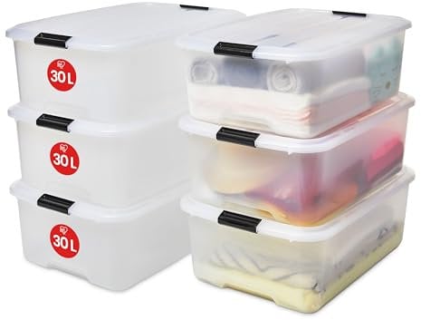 Iris Ohyama Plastic Storage Boxes with Lids, 30L, Set of 6, Clear, Latching Buckles with Handles, Stackable, Nesting, Strong & Durable, For Closet, Garage, Home, Office, Organising Tote Bins, TB-30