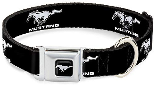 Buckle-Down Seatbelt Buckle Dog Collar - Ford Mustang Black/White Logo Repeat - 1 Wide - Fits 11-17 Neck - Medium