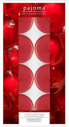 pajoma® Teelichte 8 Stück, Granatapfel | Duft-Teelichte in Aluminiumhülle, Brenndauer ca. 4 Stunden - Höhe 1,5 cm ø 3,5 cm | Premium Qualität | Deko, Gastronomie, Outdoor, Party, Windgläser, Hochzeit