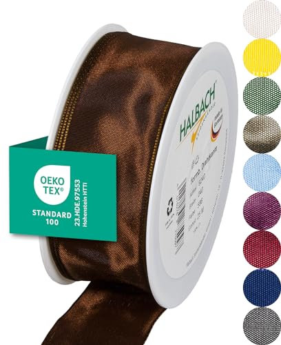 Halbach Seidenbänder Premium Geschenkband mit Drahtkante | Breite 40mm Länge 25m | Öko-Tex 100 zertifiziertes Schleifenband | Taftband Made in Germany, Farbe: dunkelbraun