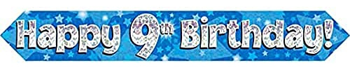 9ft Banner Happy 9th Birthday Blue holographic