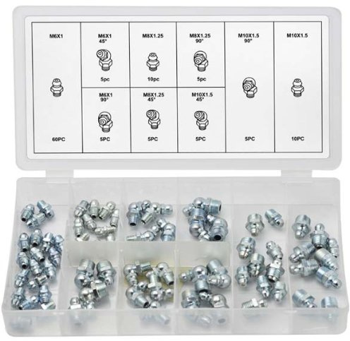 Alkan Schmiernippel Set 110-tlg M6 M8 M10 Hydraulik Fettnippel | Kegelnippel/Fettnippel für Schmierpressen, metrisch M6/M8/M10, gerade, 45° und 90°, sortiert