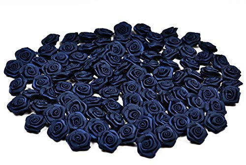 Rosen 15 mm x 100 Stück Satinrosen Aufnäher Deko Blumen Röschen zum Basteln Haarschmuck kleine Rosenköpfe Farbe: dunkel blau/navy 370