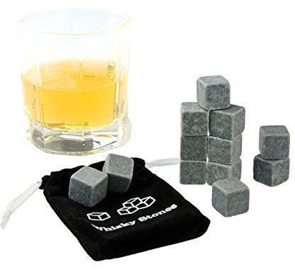 KOBERT GOODS - 12 Whisky-Steine in Farbe Grau Eckig - wiederverwendbare Kühlsteine aus echtem Speckstein od. gebürstetem Edelstahl - Eiswürfelersatz (eckig/ oval) für perfekte Kühlung ohne Verwässerung - mit Stoffbeutel