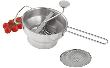 axentia Obstmühle in Silber, manuelle Passiermaschine aus rostfreiem Edelstahl, Gemüsemühle mit Griff aus Edelstahldraht, Passiermühle inklusive zwei Sieb-Einsätze, Maße: ca. 43,5 x 20,5 x 21 cm