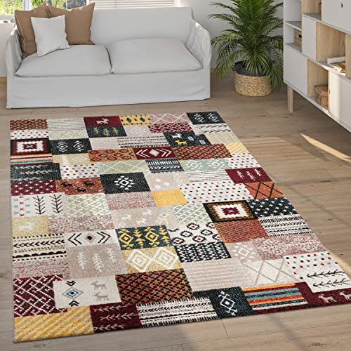 Paco Home Teppich Wohnzimmer Schlafzimmer Kurzflor Vintage Boho Ethno Skandi Geometrisches Muster Streifen Rauten Design, Grösse:120x170 cm, Farbe:Bunt