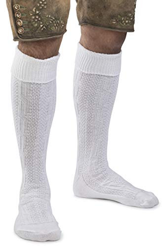 Herren Trachtensocken Klassik im Zopfmuster Design - Stricksocken Kniebund Strümpfe - Männer Trachten Strick-Socken (Weiss, 43-46)