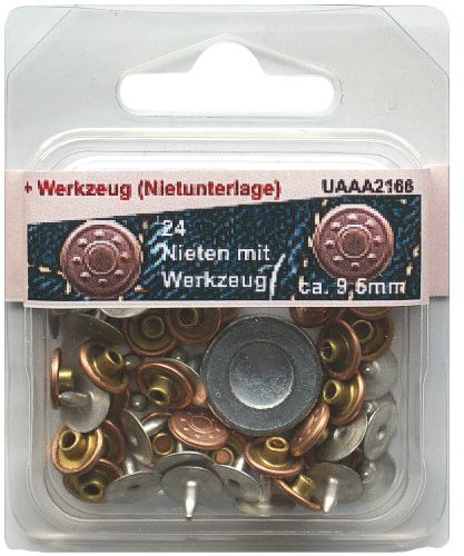 24 Stück Nieten mit Motiv ca. 9,5 mm kupferfarben incl. Werkzeug, Hohlnieten Ziernieten, 2166