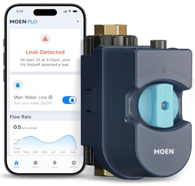 Moen Flo 3/4-inch Smart Water Shut Off Valve, Smart Home Water Monitor Leak Detector, Wifi Connected, App Enabled Flow Meter and Shutoff, 900-001