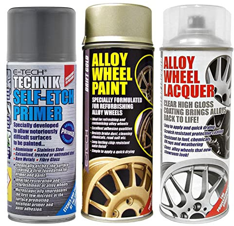 E-TECH Professional GOLD Car Alloy Wheel Spray Paint & High Gloss Clear Lacquer & Self Etch Primer Spray Can Refurbishment Pack