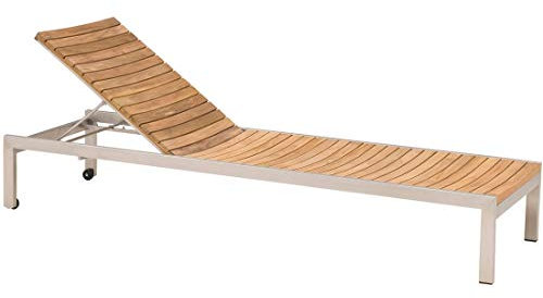 OUTLIV. Gartenliege Pasadena, Edelstahl & Teak, Rollbar, Rückenlehne Verstellbar, Ergonomische Liegefläche, 100 kg Belastbarkeit, Teak Natur, 67x208x32 cm