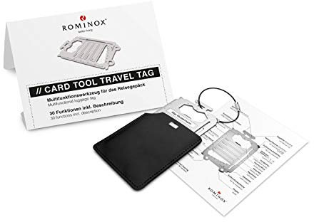 Geschenkartikel: ROMINOX Card Tool // Travel Tag – 30 Funktionen – Multifunktionaler Kofferanhänger/Reisegepäckanhänger, Edelstahl inkl. Etui & Funktionsbeschreibung, Multifunktionswerkzeug