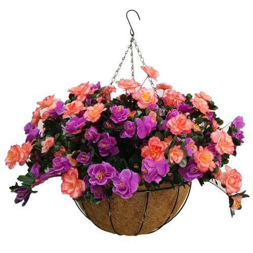 Indoors and Outdoors Silk Flowers Chain Hanging Basket Flowerpot Fake Flower DIY Artificial Flowers Azalea Champagne and Purple (Big Basket)