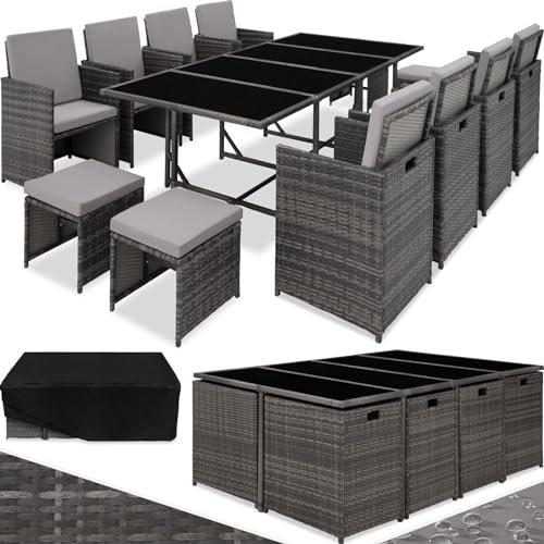 tectake Gartenlounge Set, Polyrattan Gartenmöbel Set, 8+4+1 Sitzgruppe, 8 Stühle 4 Hocker 1 Tisch, Balkon Möbel als Würfel verstaubar, für Garten, Balkon, Terrasse - grau/hellgrau