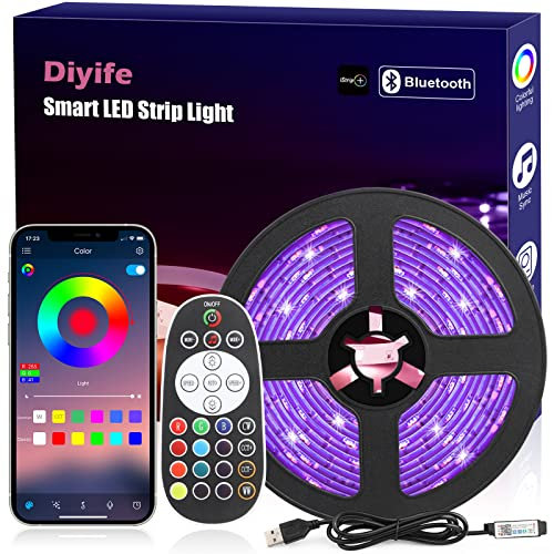 Diyife LED Strip 5M, [Fernbedienung & App-Steuerung] RGB LED Streifen, Bluetooth Led Lichterkette, Flexibel LED Band, Musik Sync, für Party, Zuhause, Schlafzimmer, TV