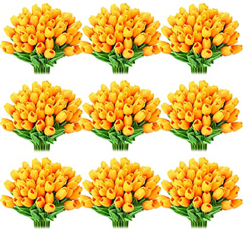 Künstliche Tulpen aus PU-Kunststoff, fühlen sich echt an, künstliche Tulpen, realistische Tulpen, Blumenarrangement, Blumenstrauß für Ostern, Hochzeit, 34 cm (Sonnenuntergang Rot) 100 Stück