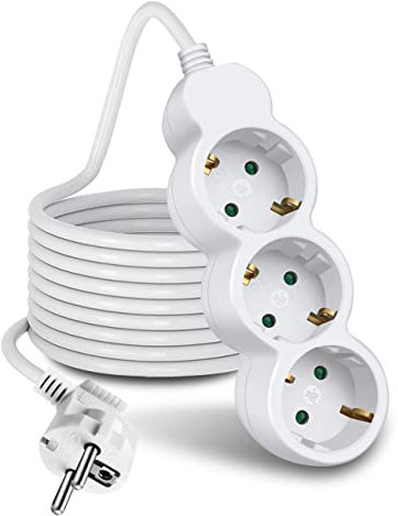 EXTRASTAR Steckdosenleiste Mehrfachsteckdose 3-Fach mit Save Energy Schalter zum Stromsparen, 3M Kabel, Kindersicherung, mit Haken 16A, 3680W, Weiß