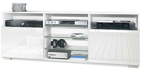 Vladon TV-Board Granada, Lowboard mit 2 Türen und 6 offenen Fächern, Korpus Weiß matt, Fronten in Weiß Hochglanz (146 x 54 x 35 cm)
