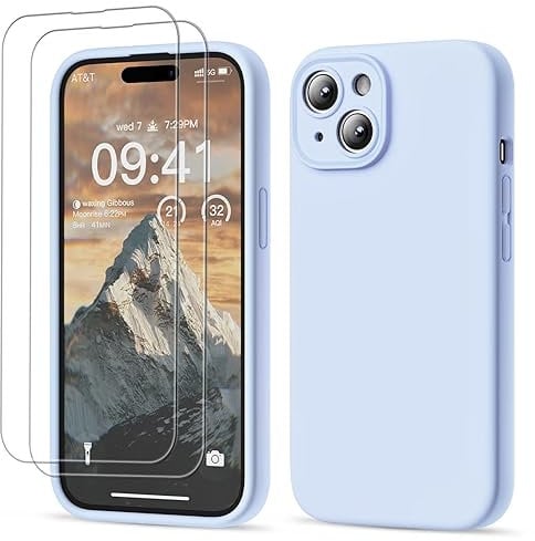 GOODVISH 3 in 1 Designed for iPhone 15 Case Premium Silicone 6.1 (2023)| Upgraded Camera Protection, 2 Pack Screen Protector, Shockproof Anti-Scratch Gel Rubber Slim Phone Case Cover, Blue Gray
