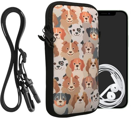 kwmobile Custodia in Neoprene con Zip per Smartphone - Portacellulare a Tracolla - Porta Cellulare da Collo Universale - Cover Borsa Telefono Cani