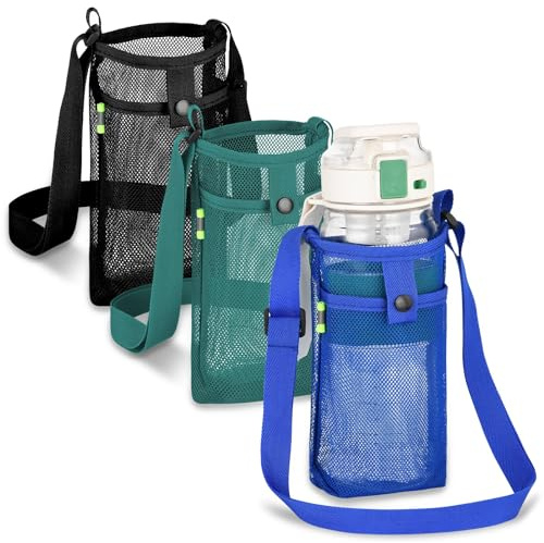 HTZNHXT 3Pcs Water Bottle Holder with Strap, Mesh Water Bottle Bag Carrier with Adjustable Shoulder, Water Bottle Carrier with Strap and Pouch for Walking & Travelling