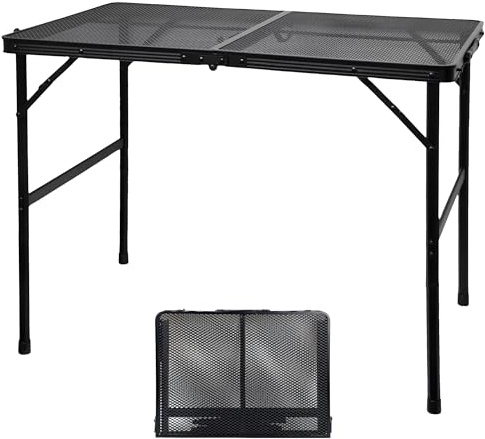 GREGIN Camping Table with Mesh Desktop, Lightweight & Portable Folding Grill Table, Height Adjustable Metal Outdoor Table for Camp, Cooking, BBQ, RV, Picnic-3 FT Black