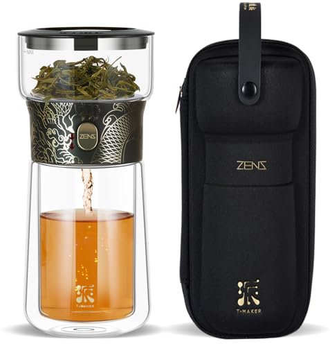 ZENS Coole Glas-Teekanne mit Teesieb, Smart One Touch Teebereiter für losen Tee-Diffusoren mit isoliertem Becher und tragbaren Tee-Kits, verzauberte Teekannen-Alternativen für Teeliebhaber Geschenke