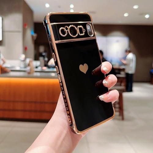 LSOUGUK Compatible with Google Pixel 8 Pro (6.7) Case,Love Heart Pattern Electroplated Design Soft TPU Shockproof Protective Phone Case Full Camera Lens Protection Cover for Google Pixel 8 Pro-Black