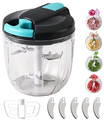 Hachoir à oignon manuel, trancheur de légumes 900 ML, hachoir à oignon avec 5 lames en acier inoxydable et 1 mélangeur, hachoir multifonction avec cordon de traction, pour oignons, ail (Bleu-900ml)