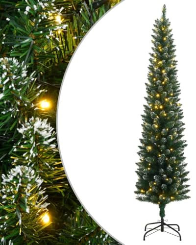 vidaXL Künstlicher Weihnachtsbaum, Tannenbaum mit LED-Beleuchtung 300 LEDs 180cm, Christbaum Schlank mit Metallständer, Weihnachtsdeko Kunstbaum Dekobaum