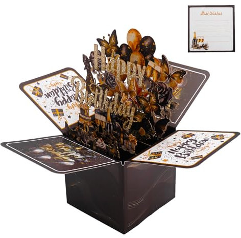 Koboko Geburtstagskarte, 3D Pop Up Karte Geburtstag, Schwarzes Gold 3D Geburtstagskarte mit Umschlag und Nachrichtenkarte, Happy Birthday Karte für Kinder, Frau, Freund, Mann, Familie