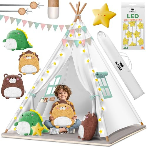 KIDIZ® Tipi Zelt für Kinder Spielzelt 100x100x160cm Kinderzelt aus Baumwolle mit LED-Lichterkette, Leuchtstern, Fahnengirlande, 3 Plüschtiere, Untermatte & Tragetasche Spielhaus für drinnen & draußen